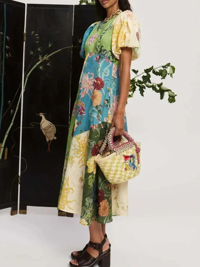 Green & Yellow Patchwork Puff Sleeve Midi Dress Bazaare Mart Floral Patch Midi Dress