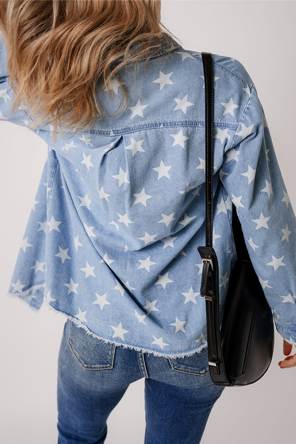 Blue Star Light Wash Raw Hem Denim Jacket