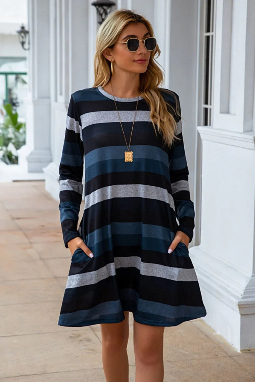 Striped Round Neck Long Sleeve Dress Bazaare Mart Striped Round Neck Long Sleeve Dress