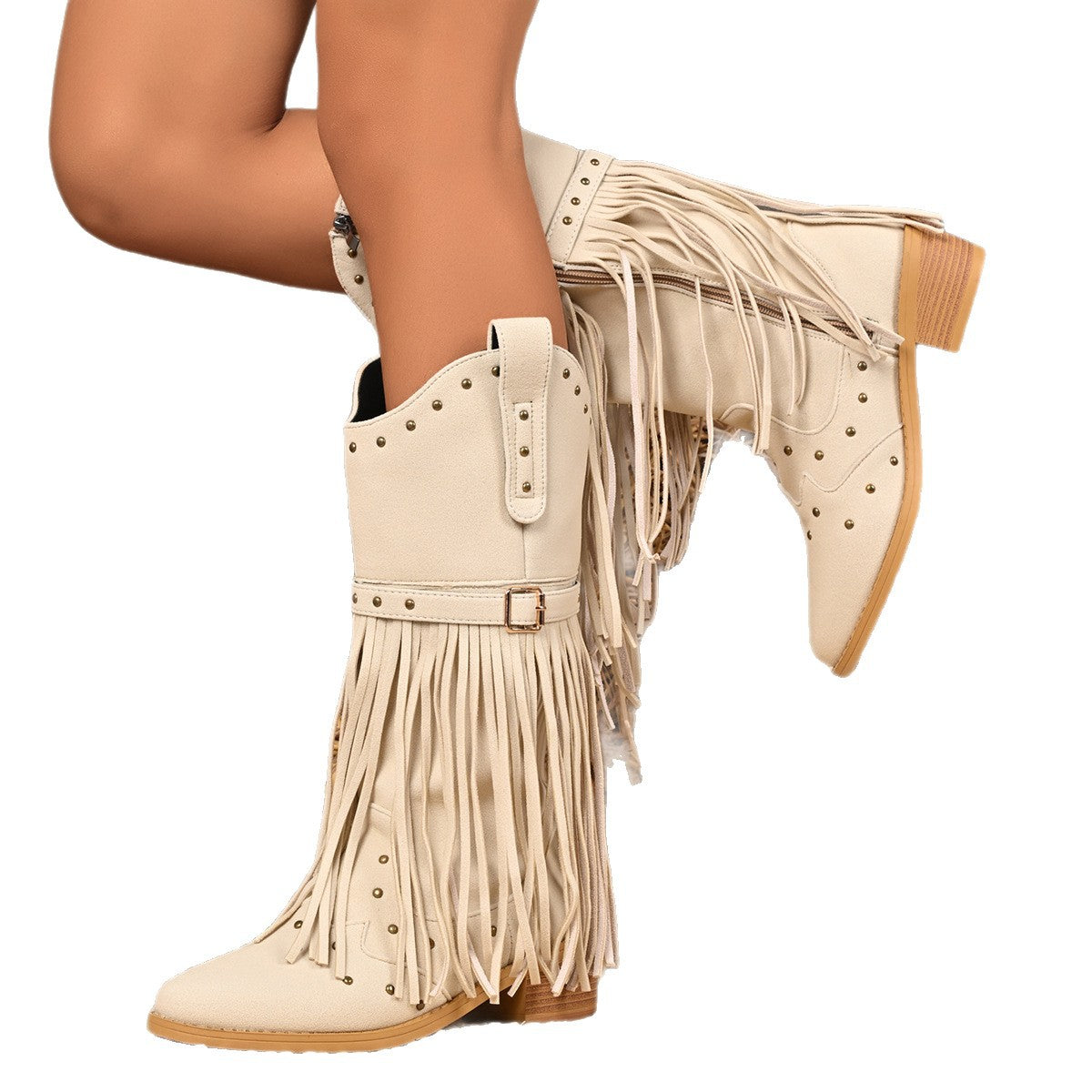 Western Cowboy Tassel Boots – Belt Buckle Rivet Mid-Calf Cowgirl Boots CJ Dropshipping Tasseled Boots
