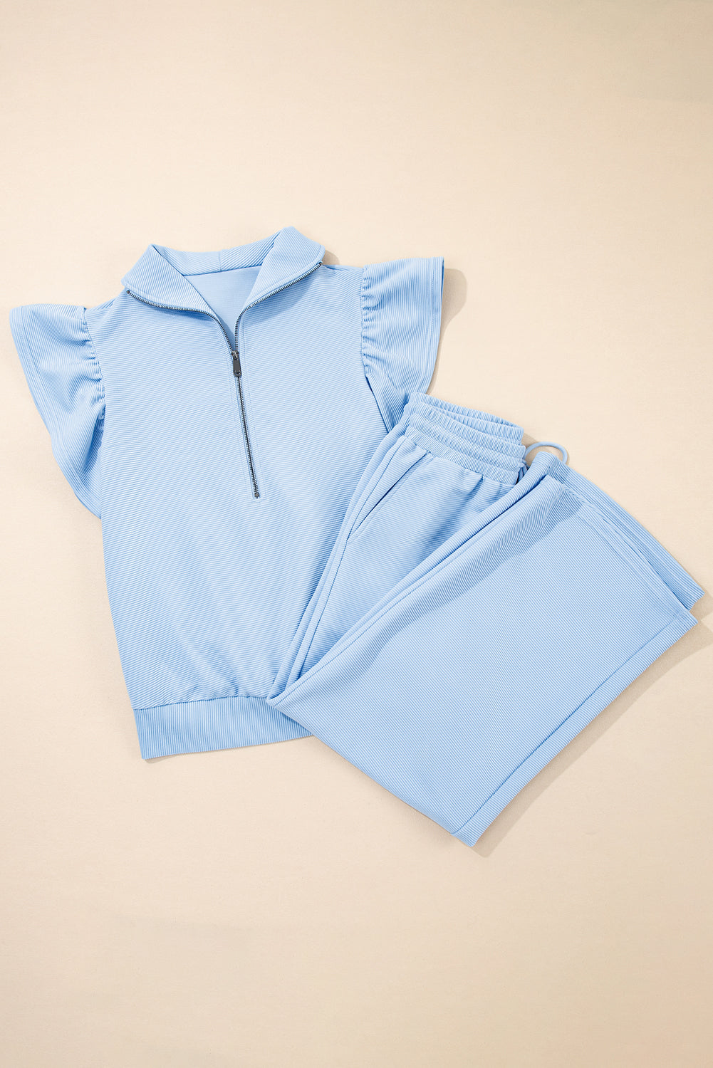 Baby Blue Textured Flutter Sleeve Zipped Top and Wide Leg Capris Set