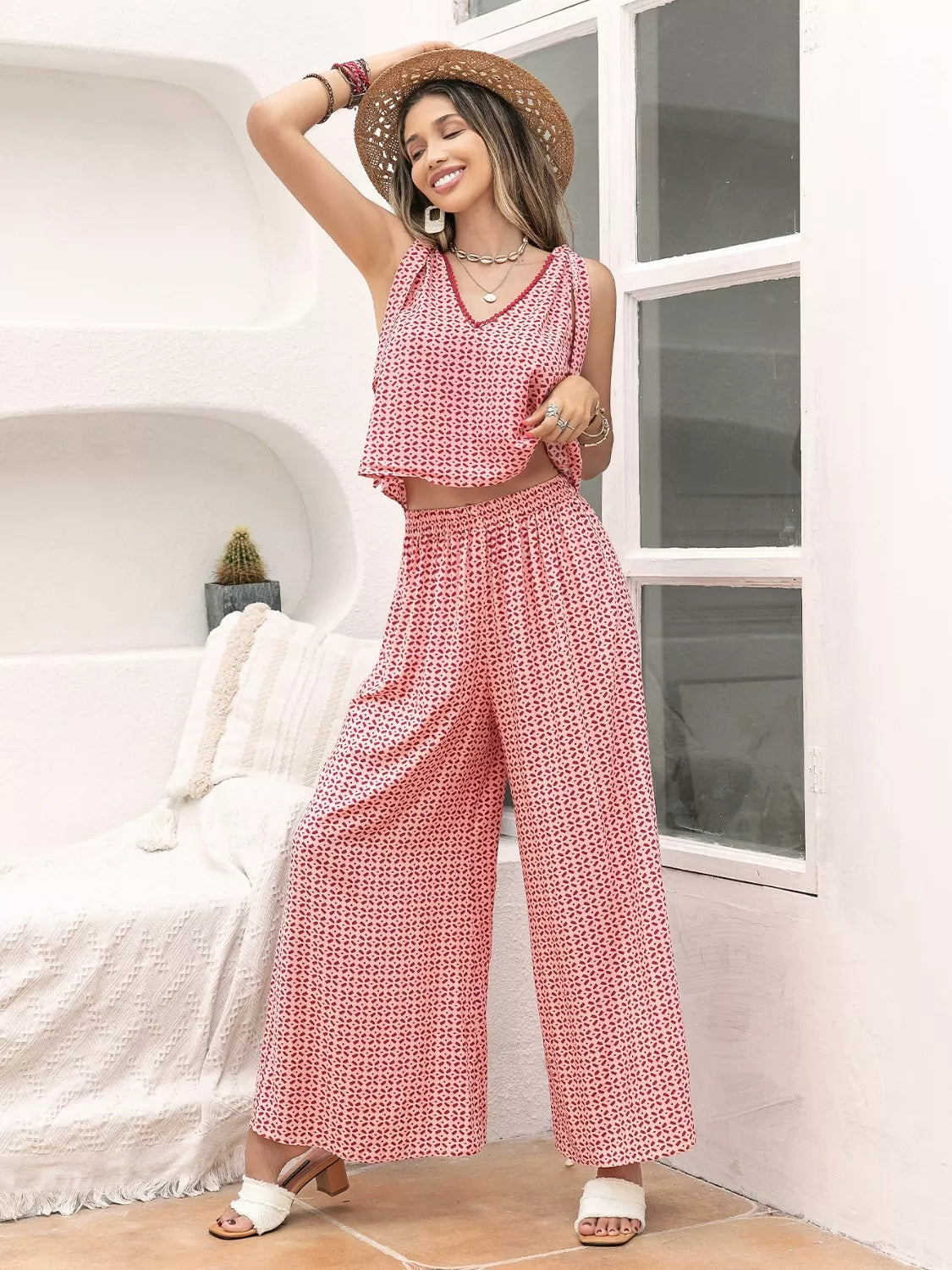 Gingham Tie Shoulder Top and Pants Set Trendsi Gingham Tie Shoulder Top and Pants Set
