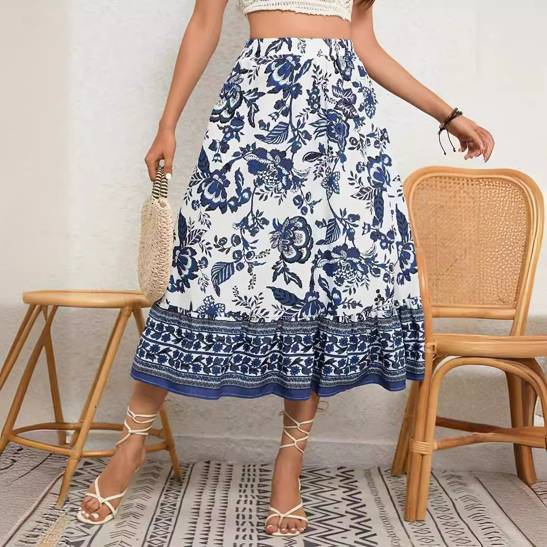 Boho Blue and White Porcelain Printed A- Line Skirt CJ Dropshipping Boho Blue and White Skirt