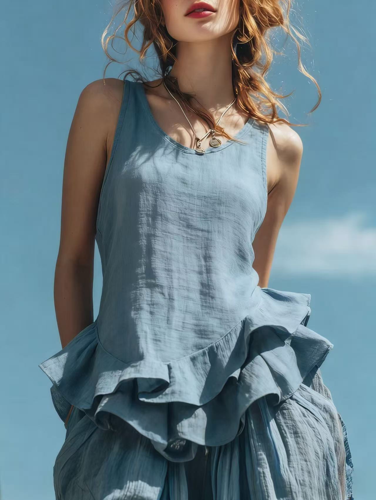 Women’s Sleeveless Ruffle Hem Top – Casual Fashion Tank Blouse Sky Blue CJ Dropshipping Sleeveless Ruffled Top