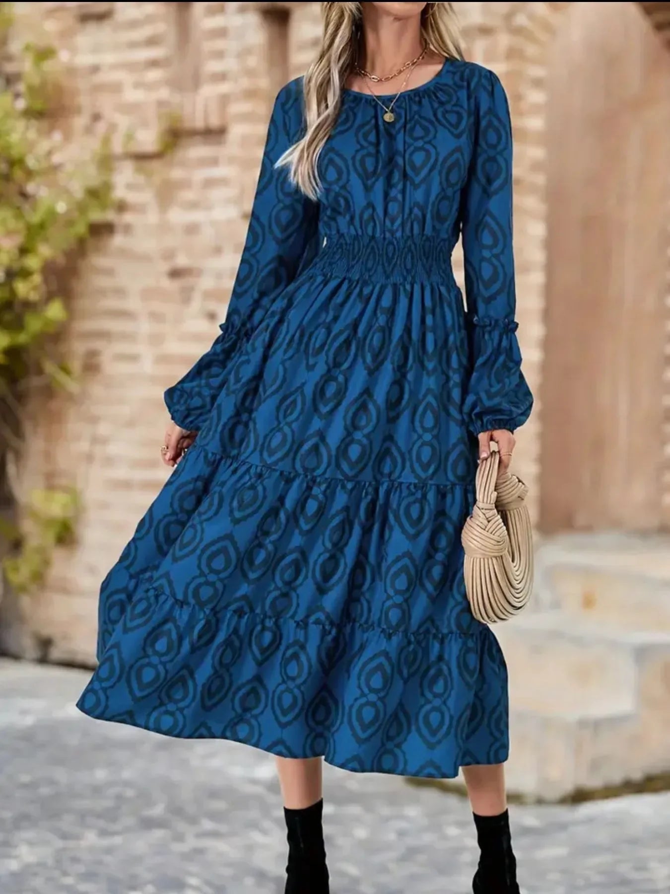 Printed Round Neck Balloon Sleeve Dress Trendsi Long Sleeve Printed Midi Dress