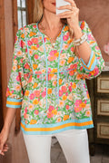 Green Floral Striped Trim Puff Sleeve Blouse Green 100%Polyester Shewin Blouses