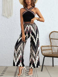 Roman Style Zig Zag Print Pants Outfit Black Trendsi Sleeveless Top and Pants Set
