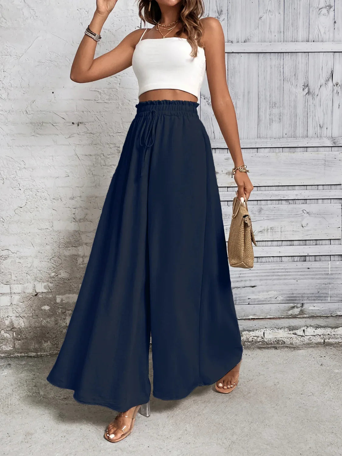 Tied High Waist Wide Leg Pants Dark Blue Bazaare Mart Extra Wide Leg Pants