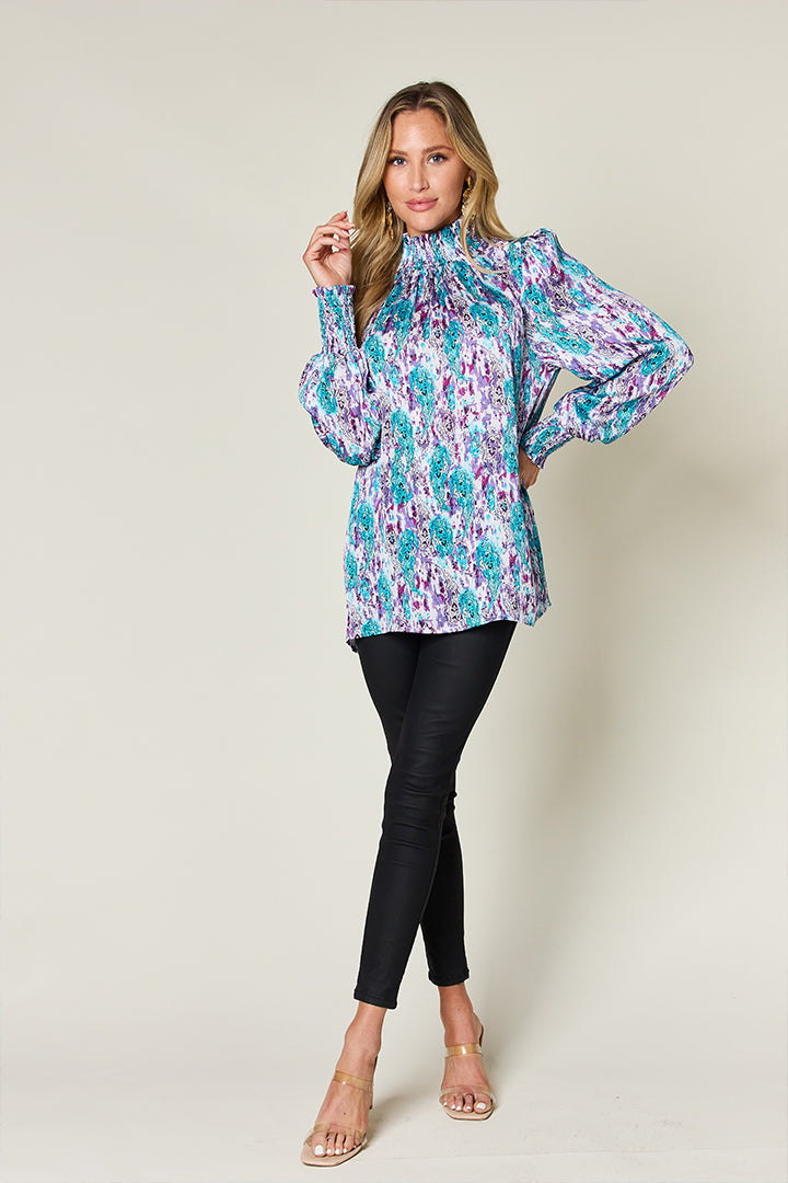 Abstract Smocked High Neck Long Sleeve Blouse