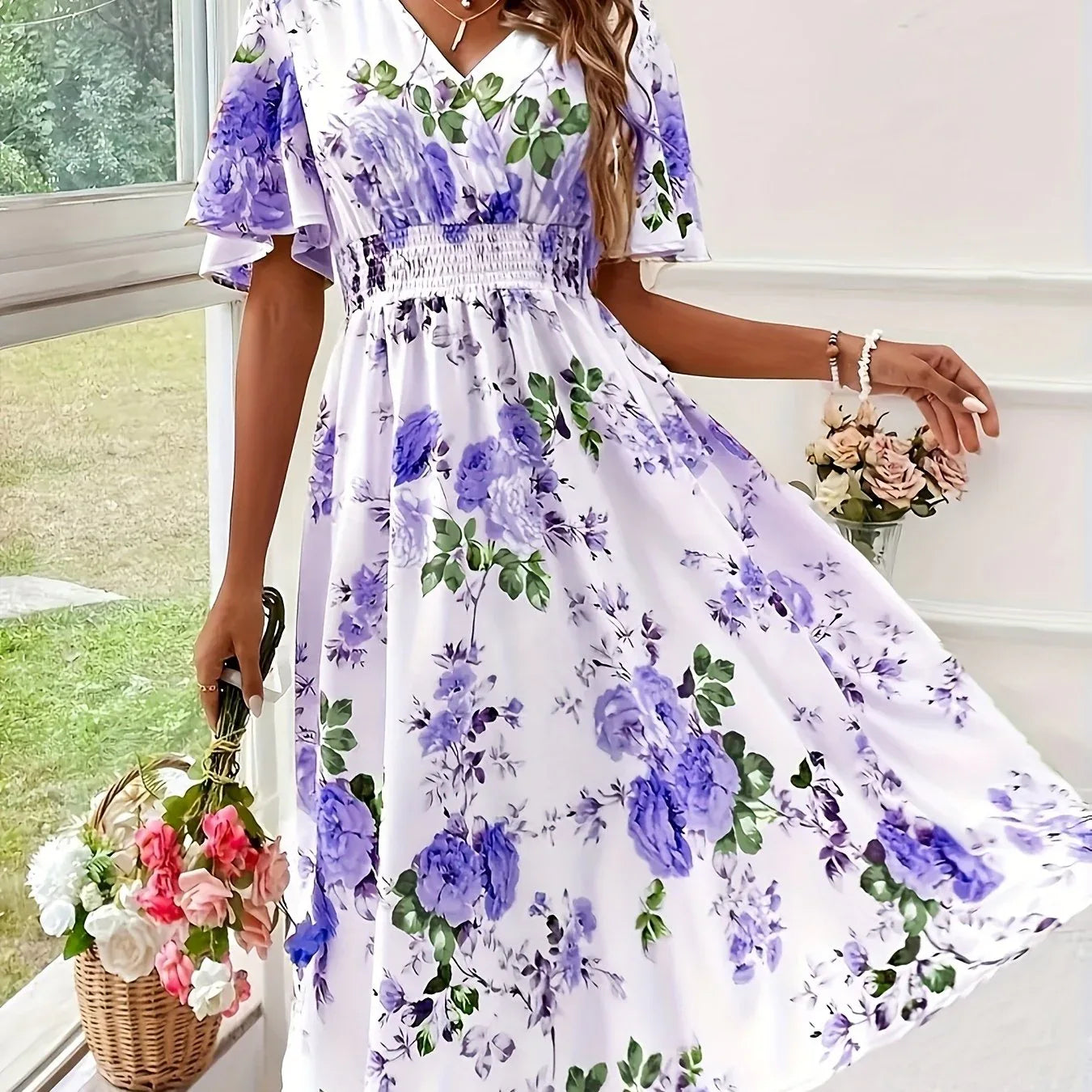 Short Sleeve V-Neck Floral Dresses White Bazaare Mart Short Sleeve V-Neck Floral Dresses