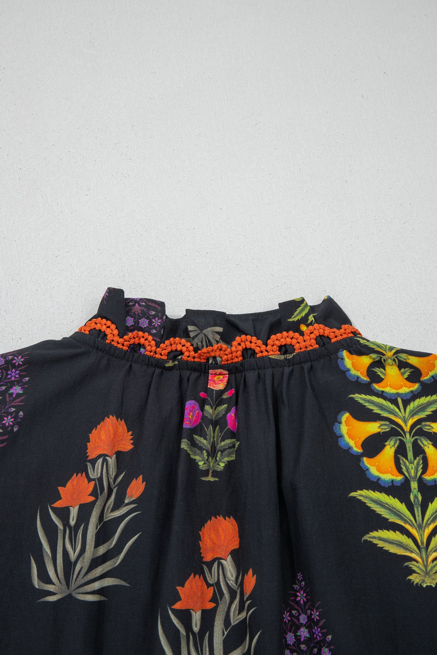 Black Floral Print Lace Trim Frilled V Neck Short Sleeve Shirt Shewin Blouses & Shirts