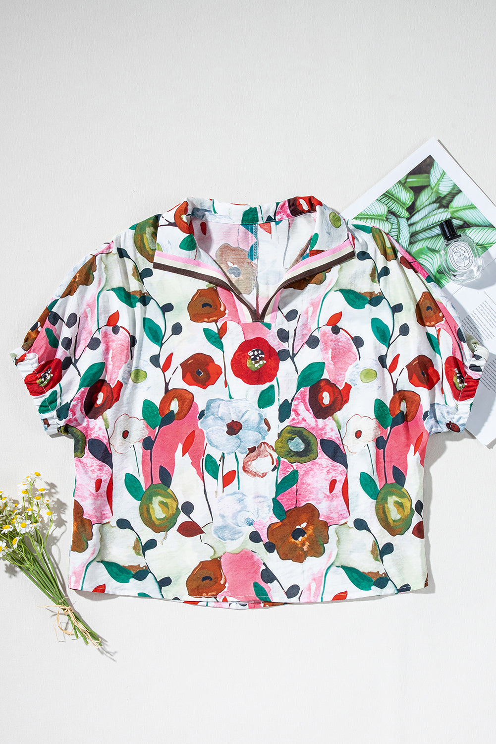 Colorful Floral Print Boho Pop of Color Neckline Blouse Shewin Blouses