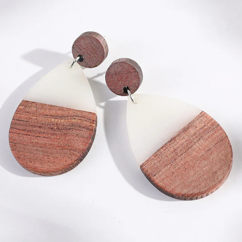 White Resin Wood Geo Drop-shaped Earrings Bazaare Mart Resin Wood Earrings
