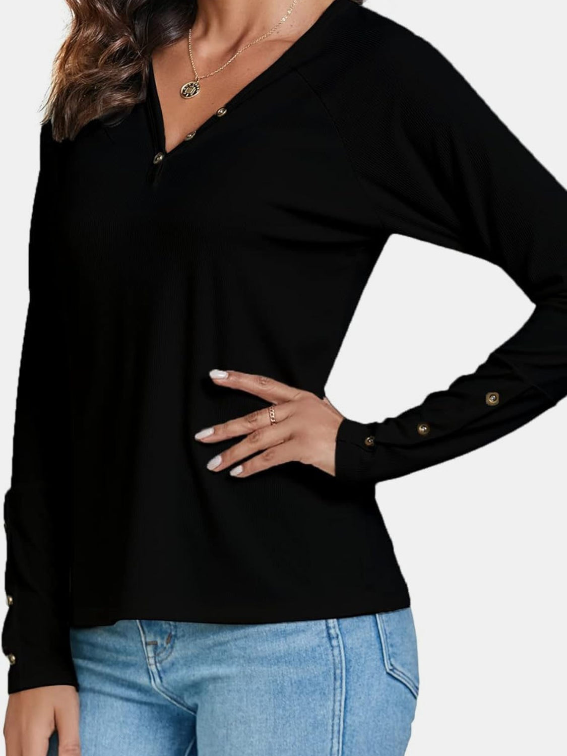 Button V-Neck Long Sleeve T-Shirt