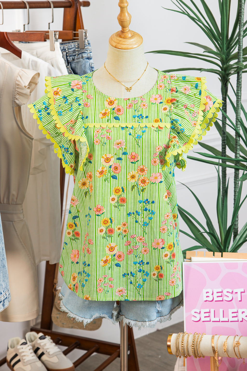 Green Stripe Floral Printed Scalloped Detail Flutter Short Sleeve Blouse