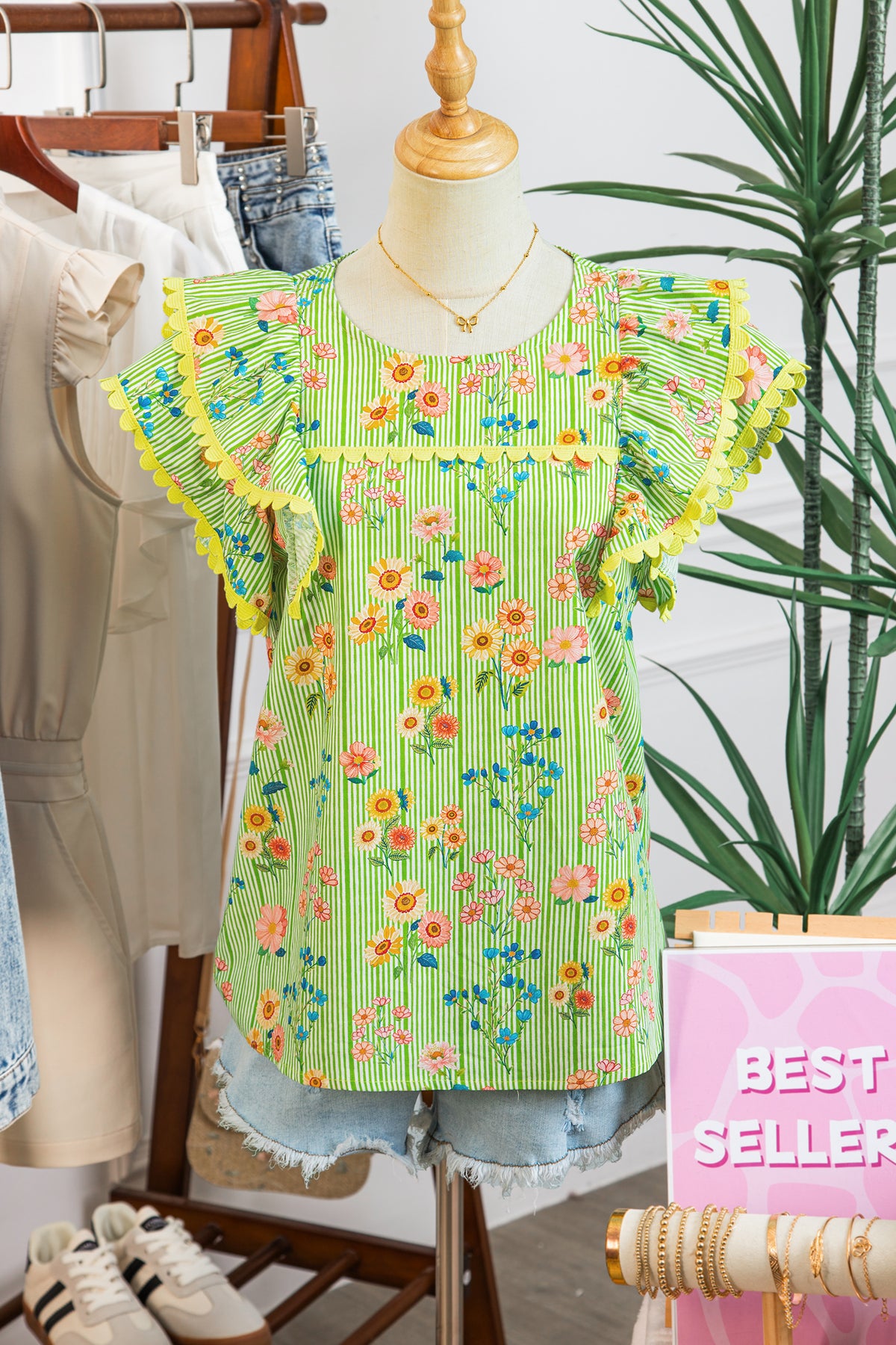 Green Stripe Floral Printed Scalloped Detail Flutter Short Sleeve Blouse