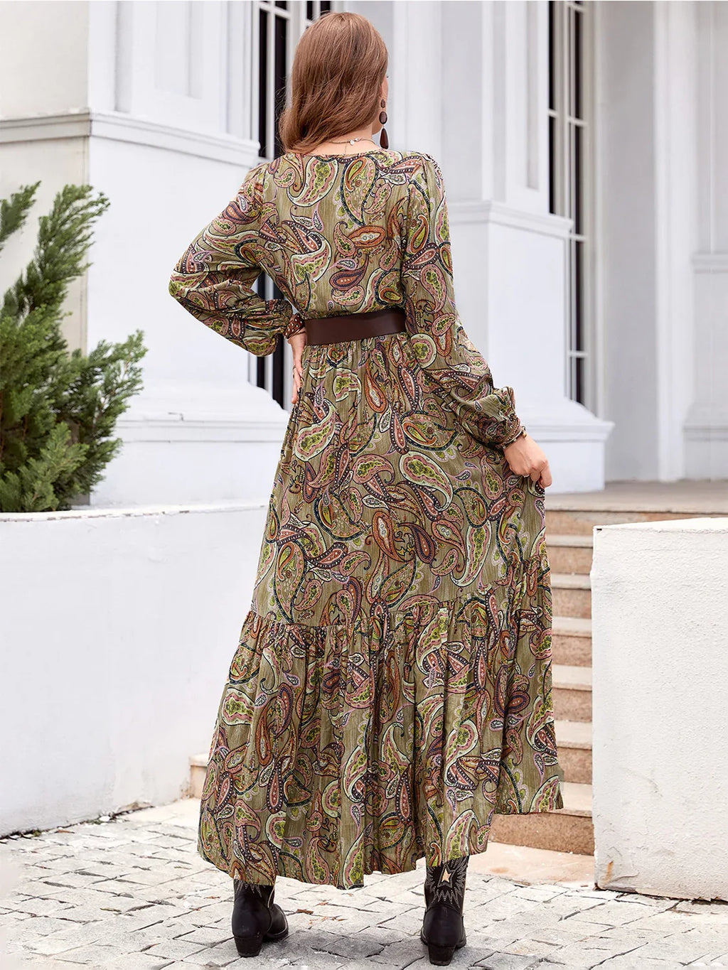 Printed Tie Neck Ruffle Hem Long Sleeve Dress Bazaare Mart Printed Tie Neck Ruffle Hem Long Sleeve Dress