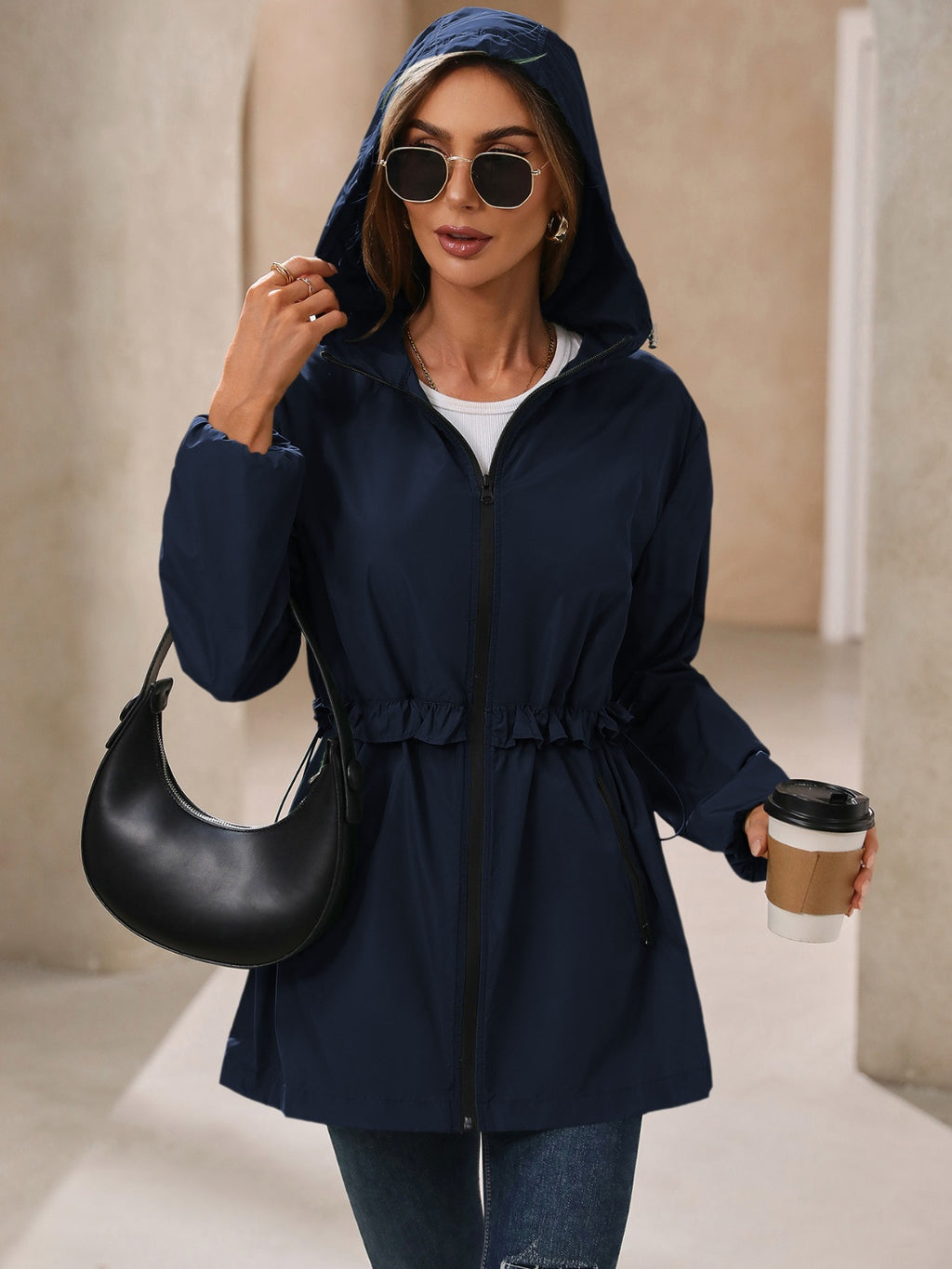 Waterproof Gathered Waist Hooded Jacket