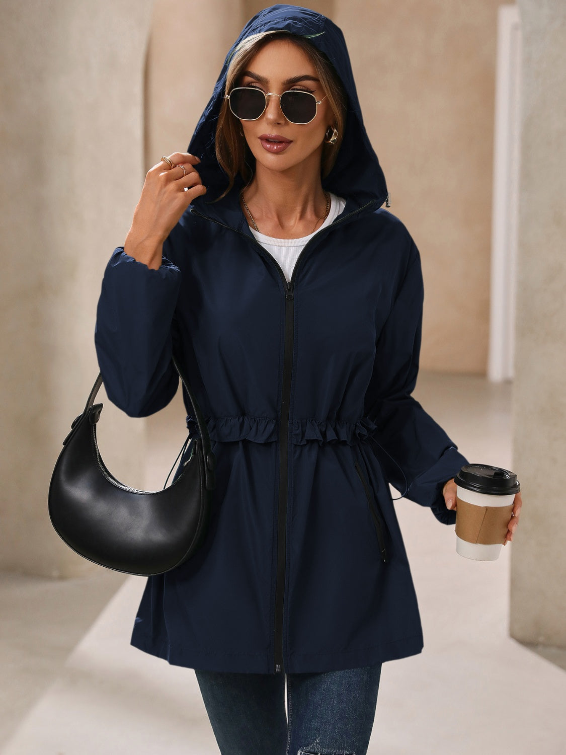 Waterproof Gathered Waist Hooded Jacket