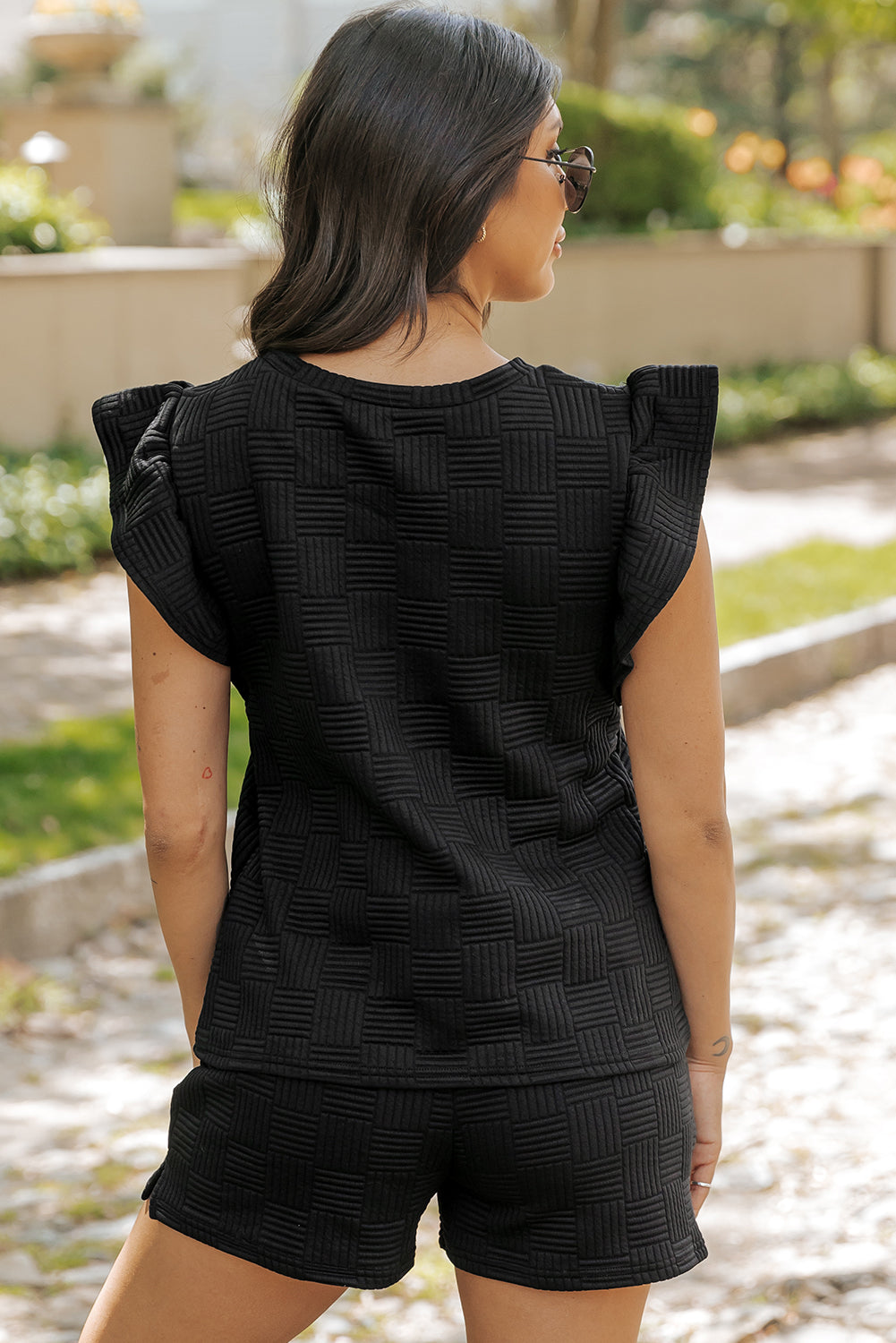 Black Textured Ruffled Sleeve Tee and Shorts Set