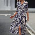 Abstract Print Collared V-Neck Belted Midi Dress Dark blue Bazarre Mart Long Sleeve Printed Midi