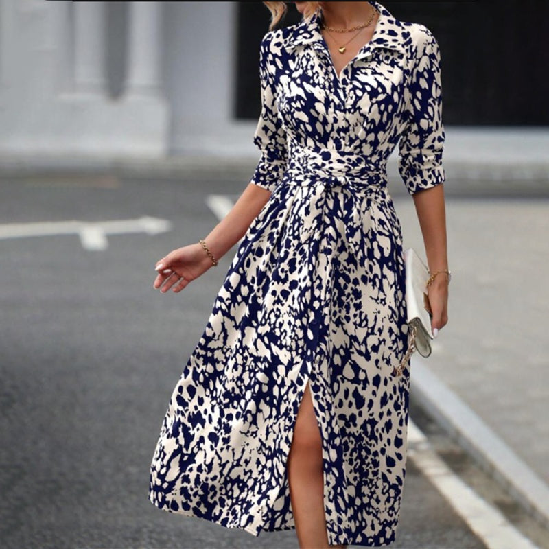 Abstract Print Collared V-Neck Belted Midi Dress