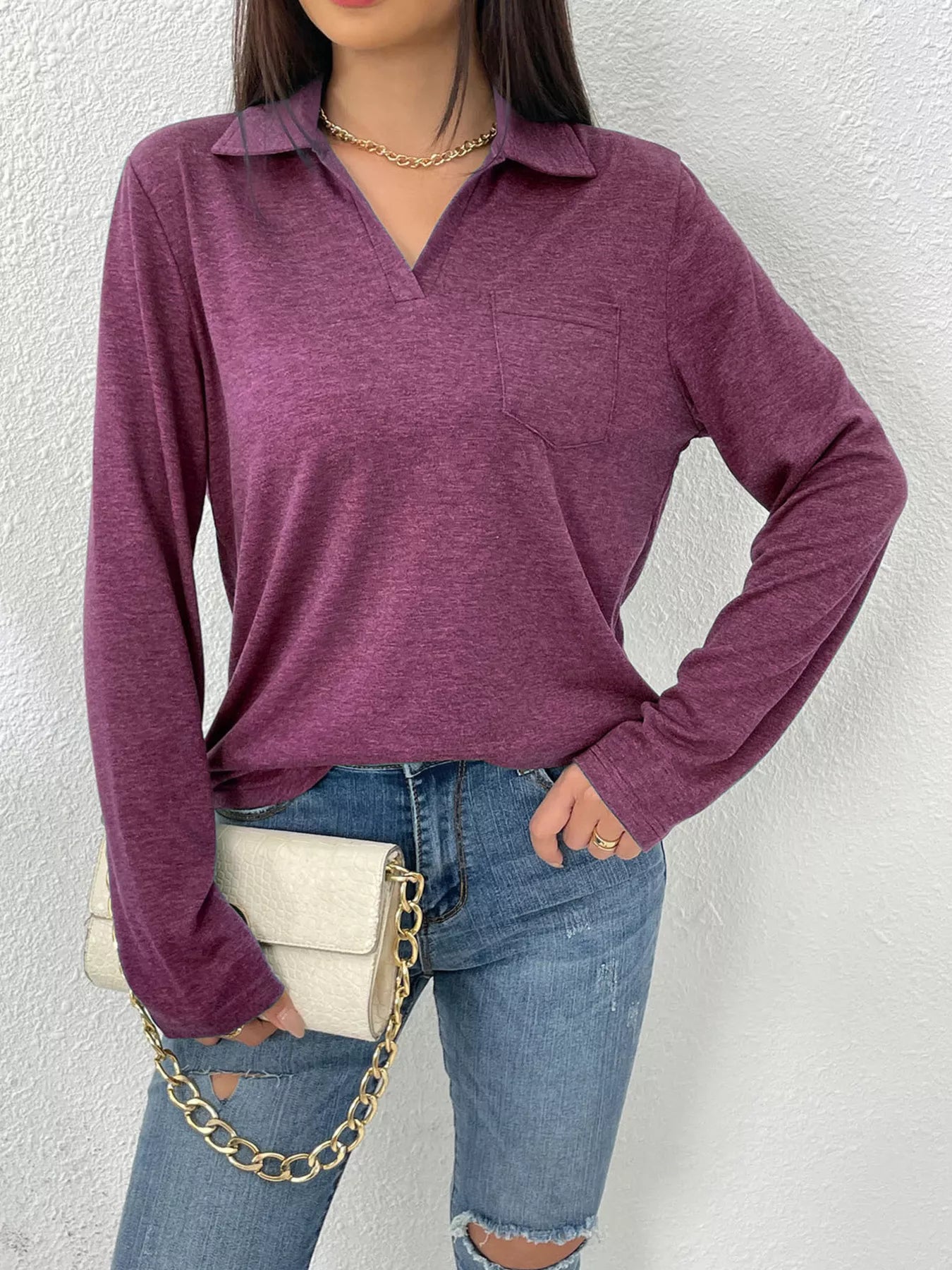 Casual Long Sleeve Polo T-Shirt Red-Violet Bazaare Mart Casual Long Sleeve Polo T-Shirt