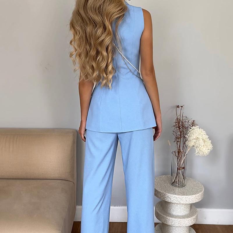Women’s Sleeveless Vest & Straight-Leg Pants Set – Tailored Two-Piece Professional Outfit CJ Dropshipping Light Blue Vest Pants Set