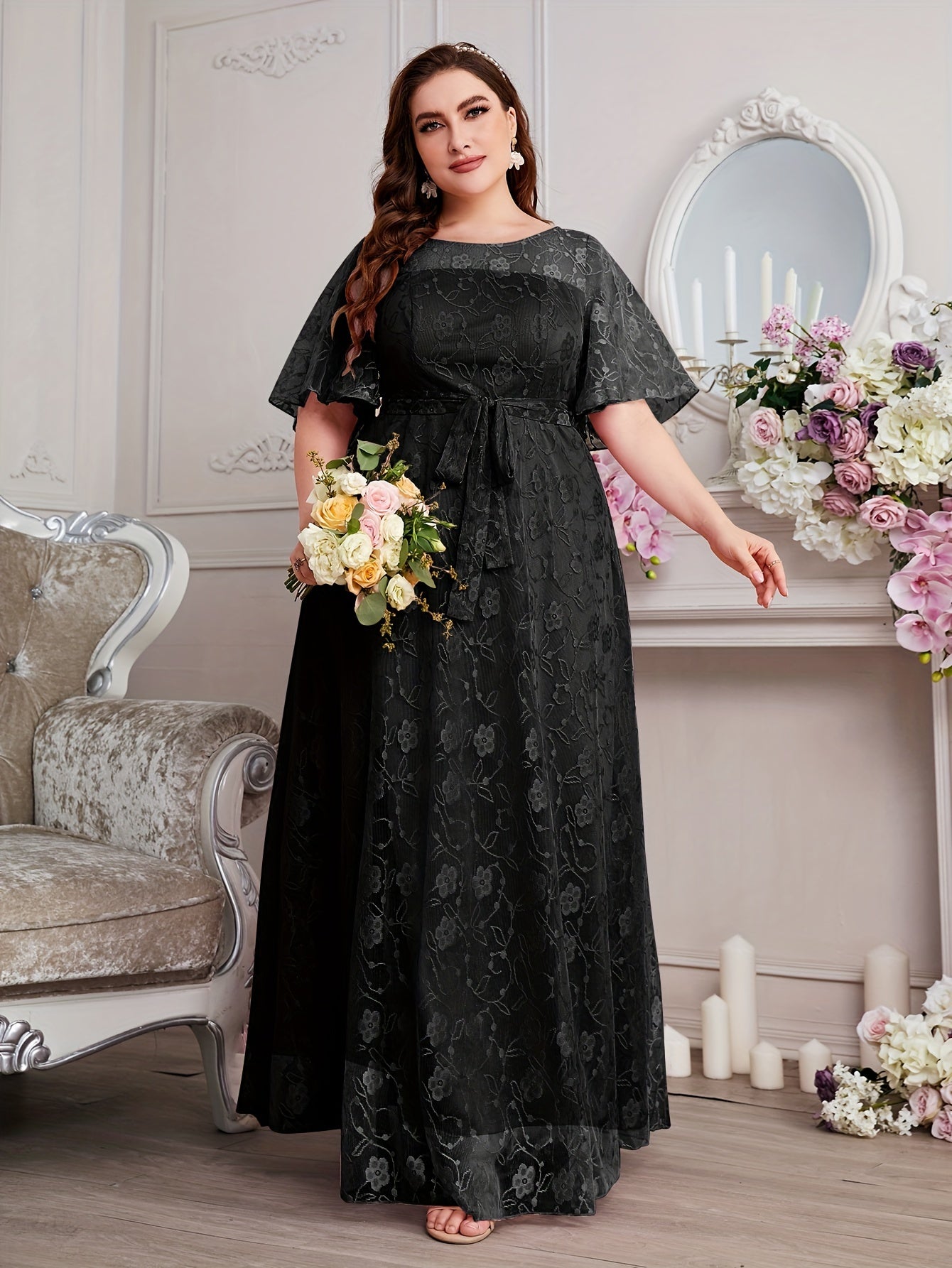 Elegant High Waist Lace Round Neck Half Flutter Sleeve Solid Color Formal Floor Length Dress