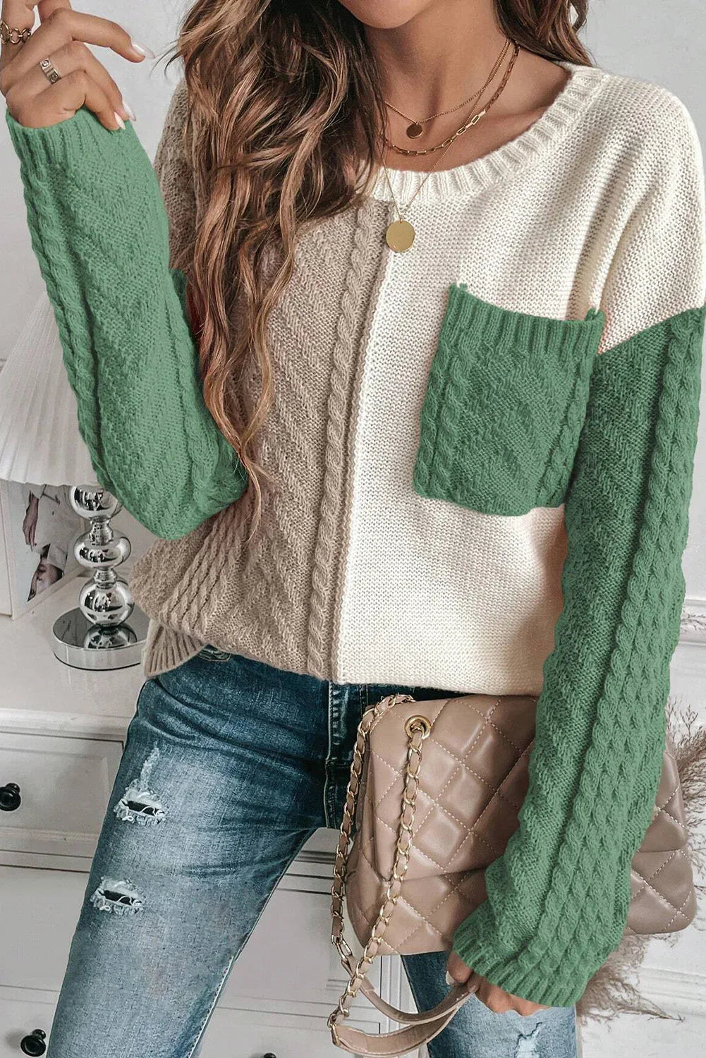 Vineyard Green Colorblock Patched Pocket Drop Shoulder Sweater Bazaare Mart Sweaters & Cardigans/Sweaters