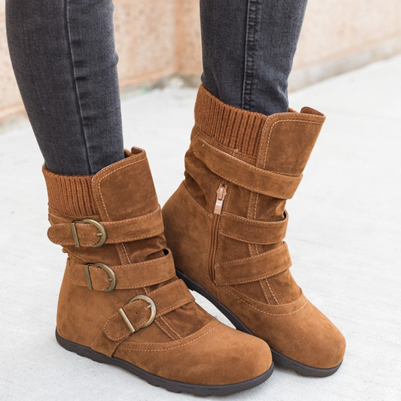 Casual Faux Suede Buckle Mid-Calf Flat Boots