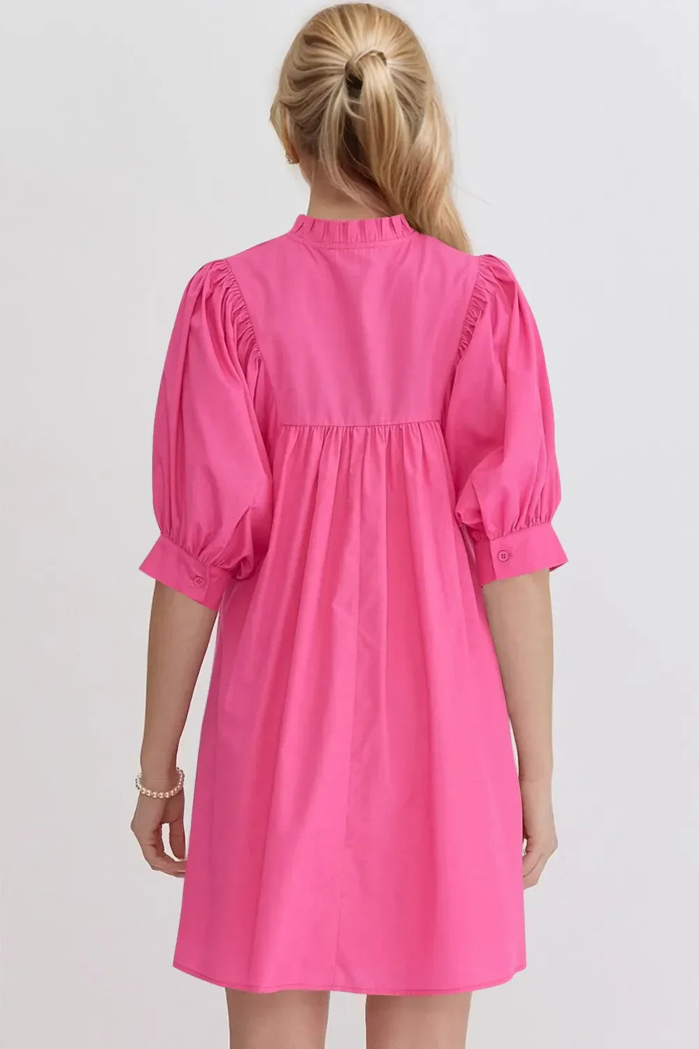 Oh Frill Notched Puff Sleeve Babydoll Mini Dress Bazarre Mart Pink Dress