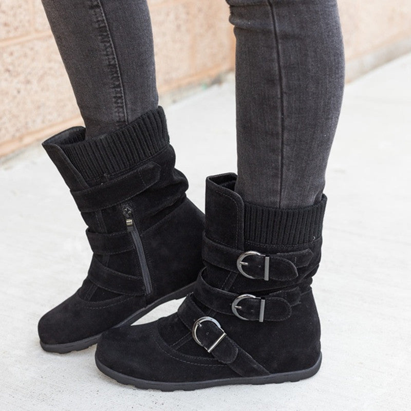 Casual Faux Suede Buckle Mid-Calf Flat Boots