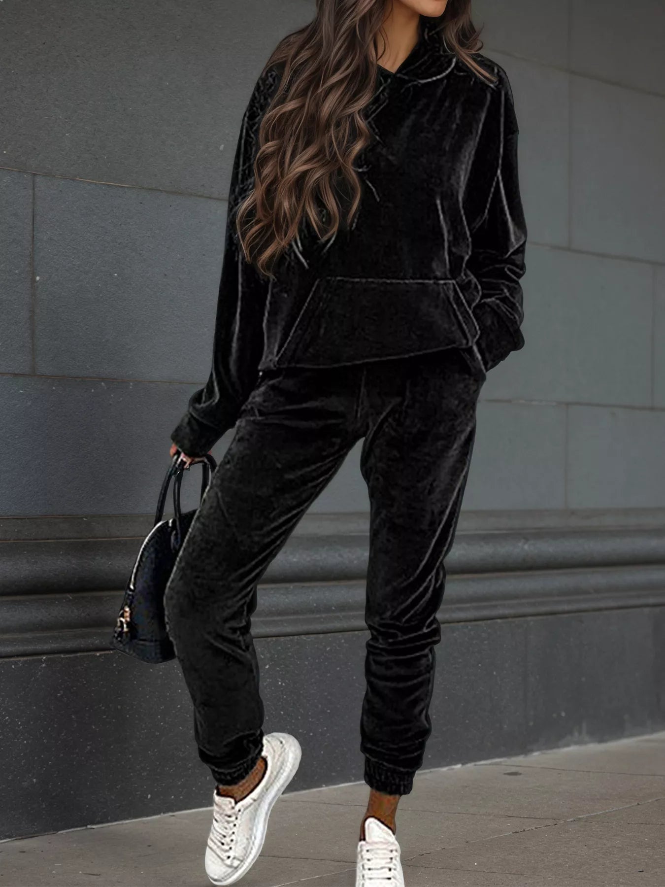 Velvet Long Sleeve Hoodie and Pants Set Black Bazaare Mart Velvet Long Sleeve Hoodie and Pants Set