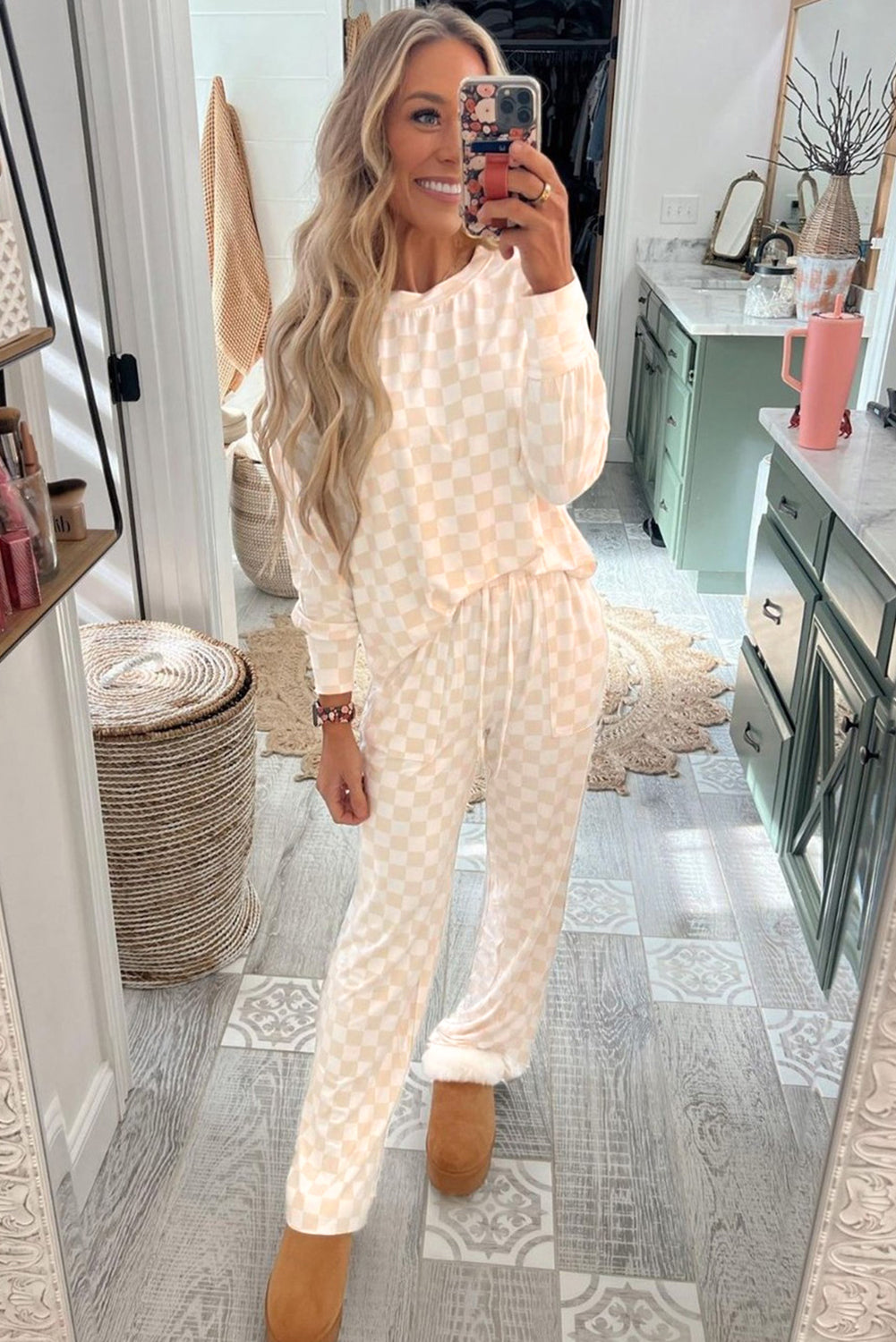 Checkered Long Sleeve Top and Pants Lounge Set