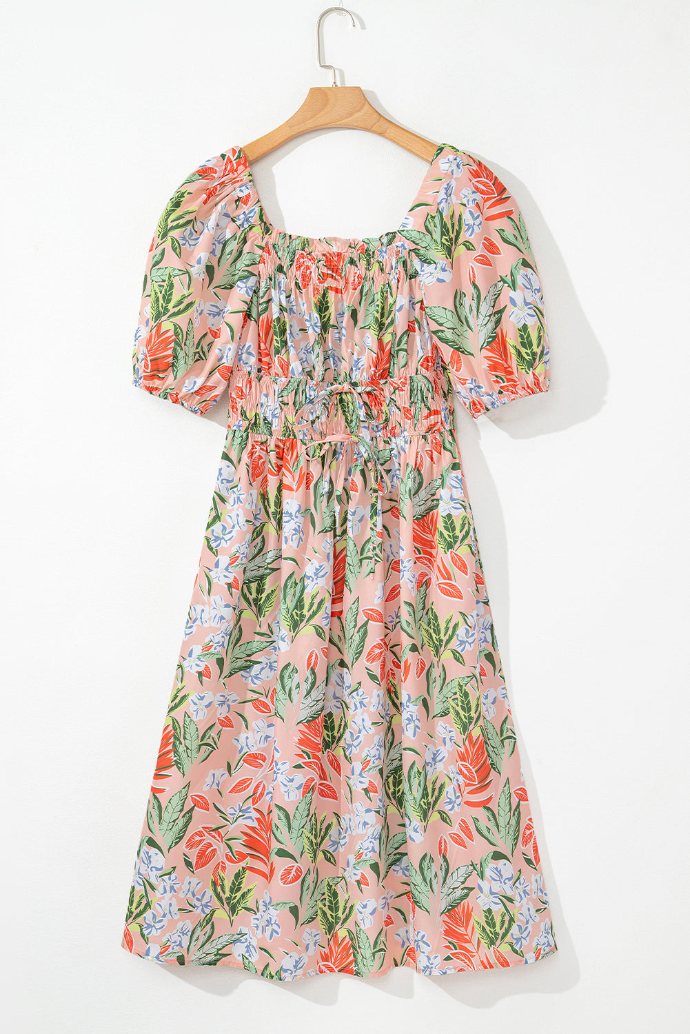 Apricot Floral Smocked Bust Bubble Half Sleeve Midi Dress