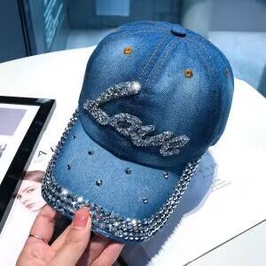 Distressed Denim Rhinestone Baseball Cap