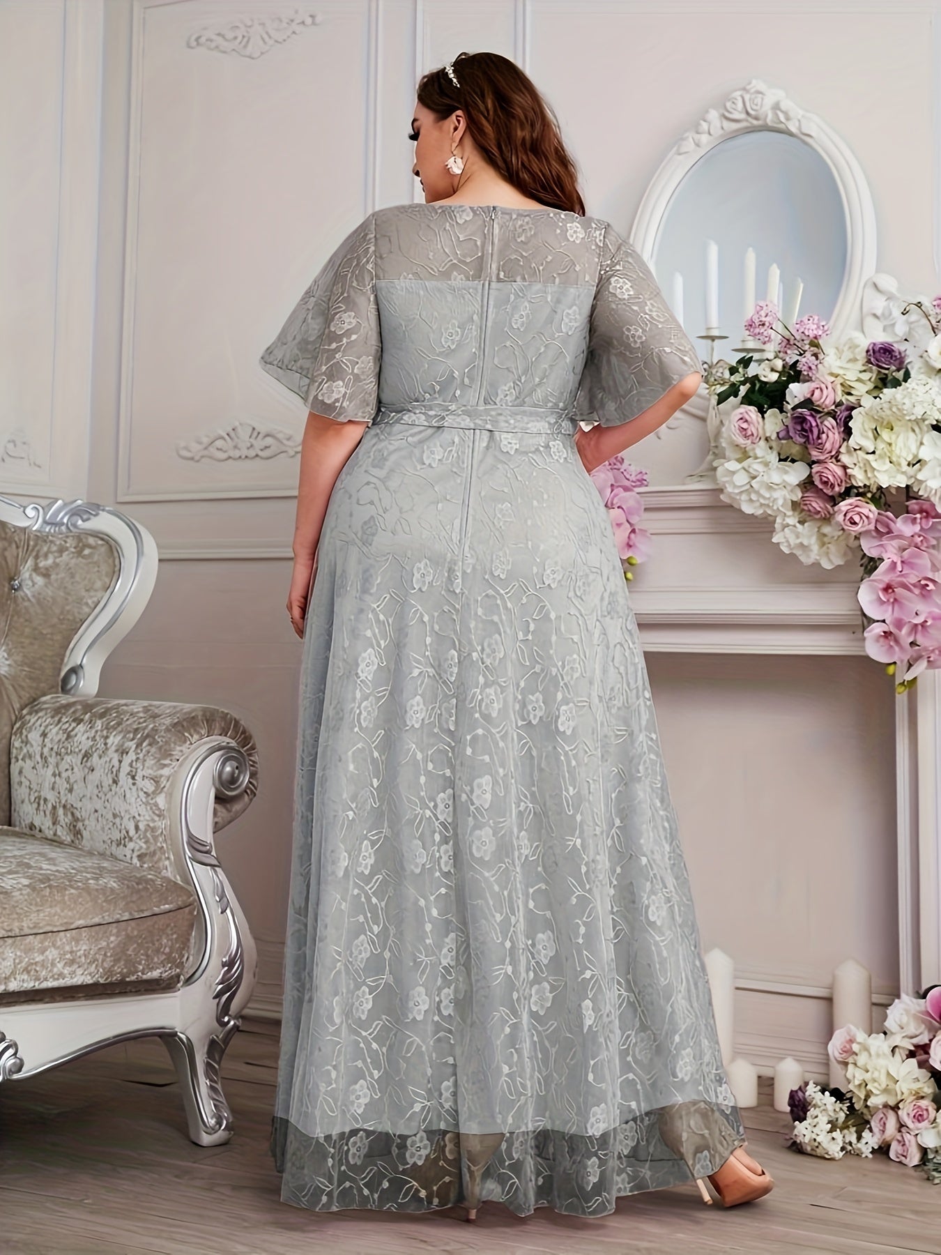 Elegant High Waist Lace Round Neck Half Flutter Sleeve Solid Color Formal Floor Length Dress