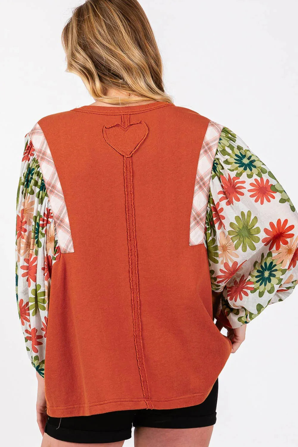Rust Floral Puff Sleeve Patchwork Blouse Bazaare Mart Tops/Blouses & Shirts