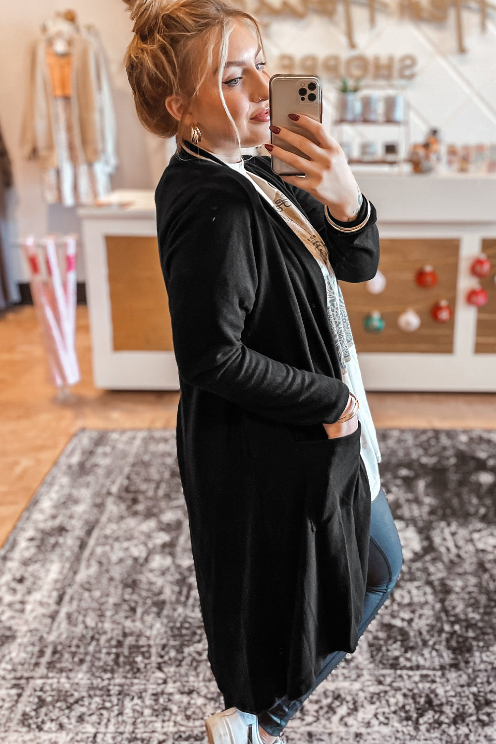 Black Knee Length Open Front Cardigan