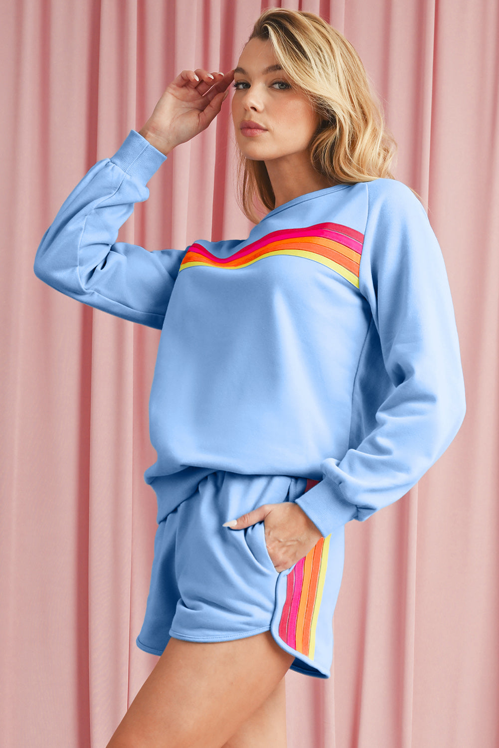 Light Blue Striped Long Sleeve Pullover and Shorts Set