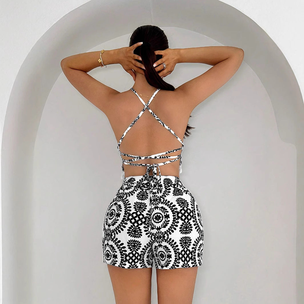 Women’s Black & White Geo Print Halter Top & Shorts Set – Tassel Backless Summer Outfit CJ Dropshipping Halter Shorts Set