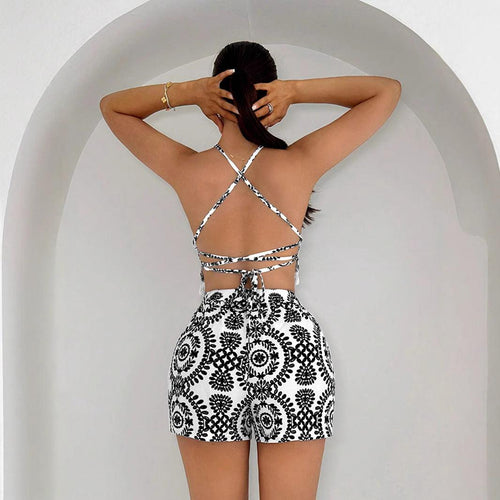 Women’s Black & White Geo Print Halter Top & Shorts Set – Tassel Backless Summer Outfit CJ Dropshipping Halter Shorts Set