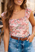 Retro Floral Square Neck Tank Top – Ruffle Trim Fitted Summer Cami Multicolour 95%Polyester+5%Elastane Dear-Lover Dropshipping Tops/Tank Tops
