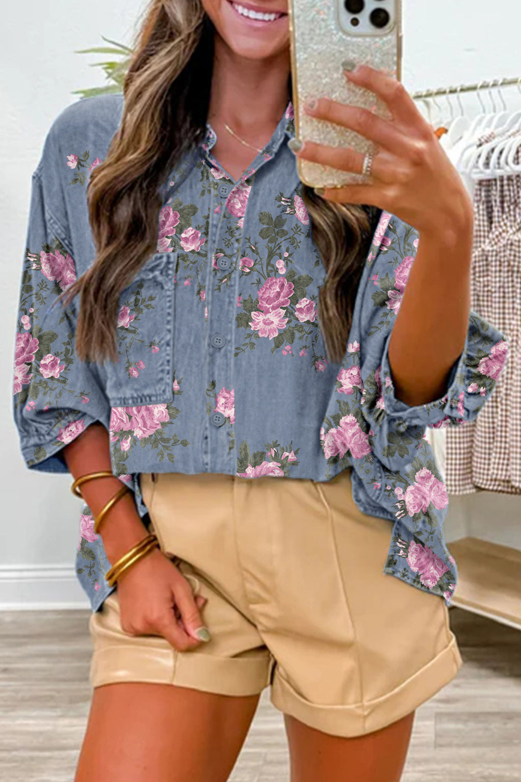 Blue Floral Denim Shirt – Bracelet Sleeve Lightweight Button Up Blouse