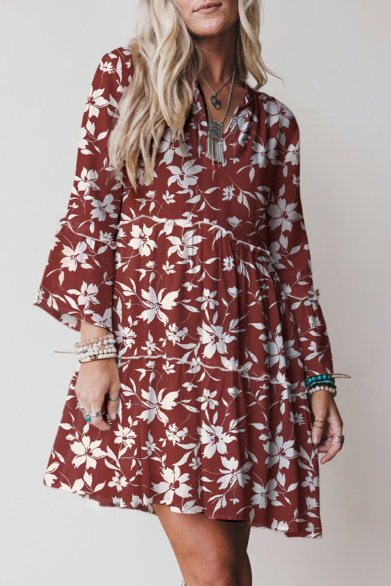 Sky Blue Boho Floral Print Lettuce Trim 3/4 Sleeve Mini Dress Bazaare Mart Dresses/Floral Dresses