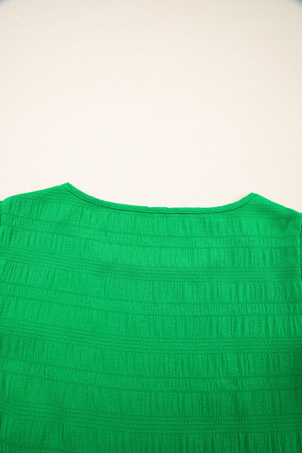 Green Textured Ruffled Sleeve Round Neck Top