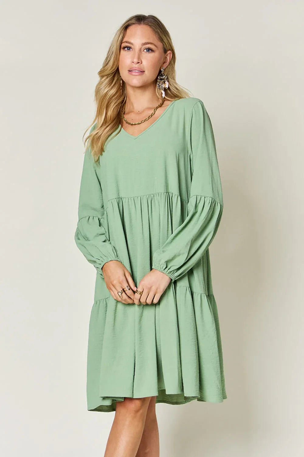 Solid V-Neck Long Balloon Sleeve Tiered Dress Bazaare Mart Long Sleeve Layered Dress