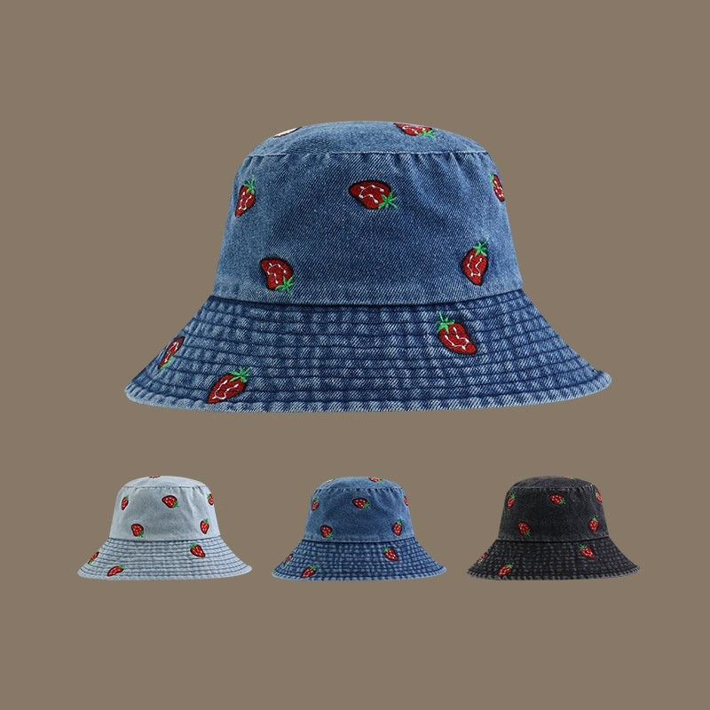 Strawberry Embroidered Denim Bucket Hat