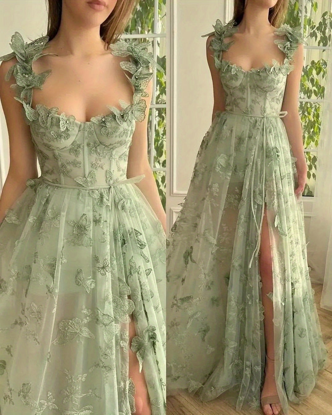 Elegant Long Sheer Flowy Floral & Butterfly Lace Gown